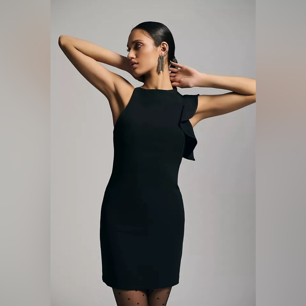 Black Halo Slim Ruffled One Shoulder Black Dress Size 6
